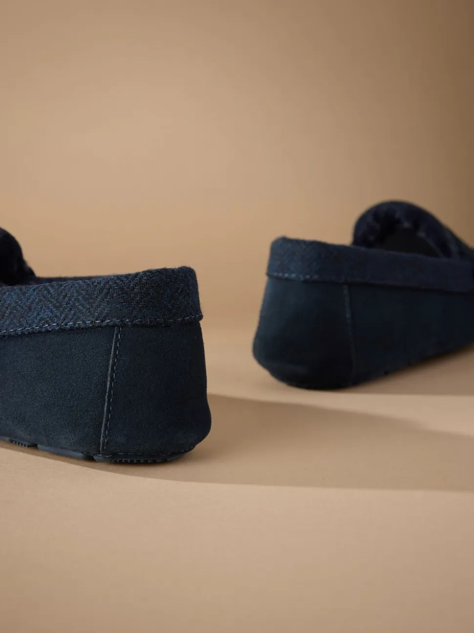 Navy Signature Suede Fabric Trim Moccasin Slippers
