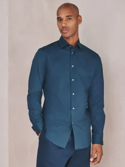 Navy Slim Fit Cotton Stretch Long Sleeve Formal Shirt