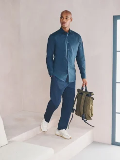 Navy Slim Fit Cotton Stretch Long Sleeve Formal Shirt
