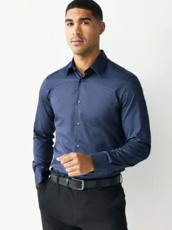 Navy Slim Fit Easy Care Textured Single Cuff Smart Shirt
