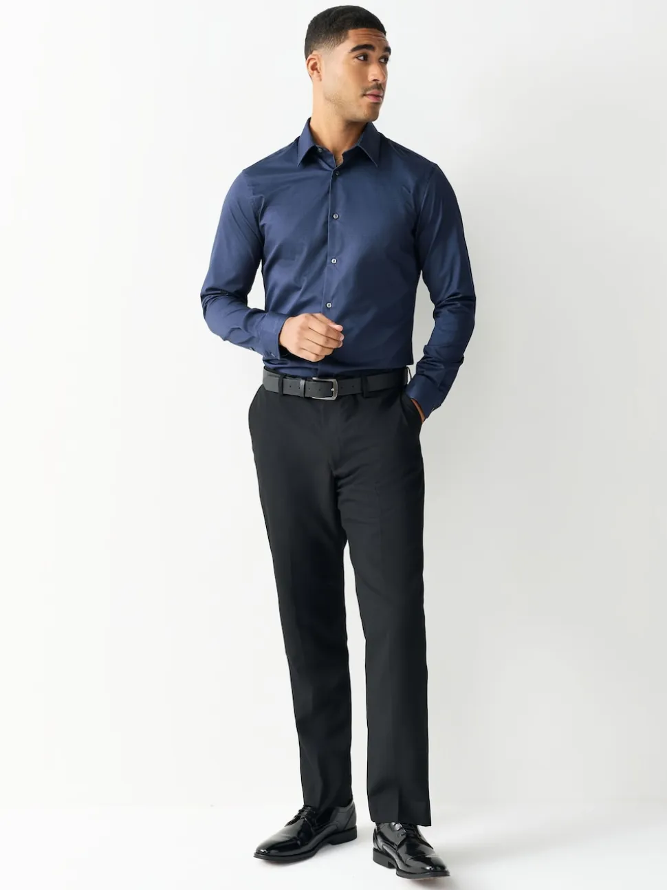 Navy Slim Fit Easy Care Textured Single Cuff Smart Shirt