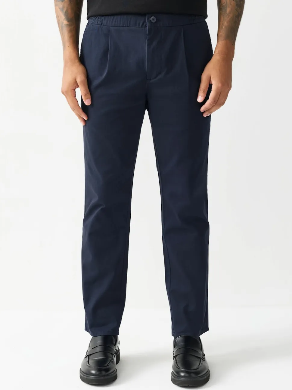 Navy Slim Fit Pleated Stretch Chinos Trousers With Elasticated Waist
