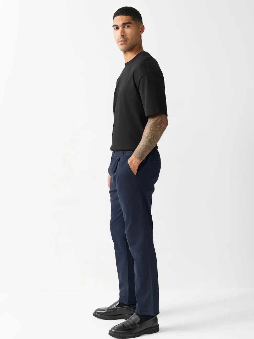 Navy Slim Fit Pleated Stretch Chinos Trousers With Elasticated Waist