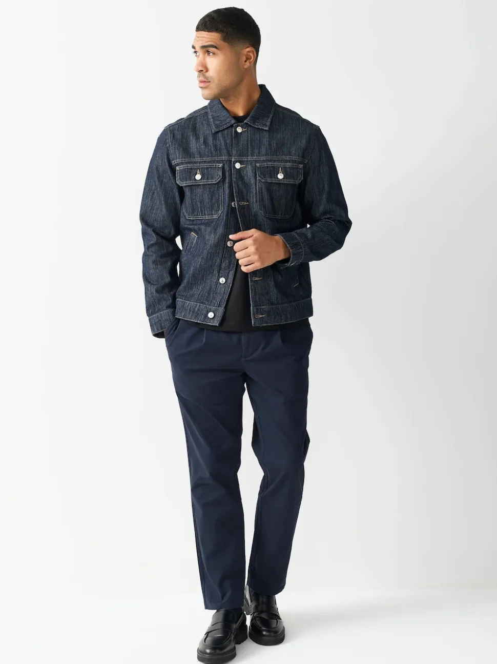 Navy Slim Fit Pleated Stretch Chinos Trousers With Elasticated Waist