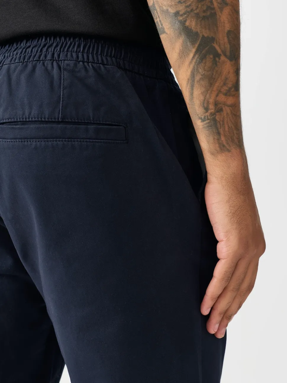 Navy Slim Fit Pleated Stretch Chinos Trousers With Elasticated Waist