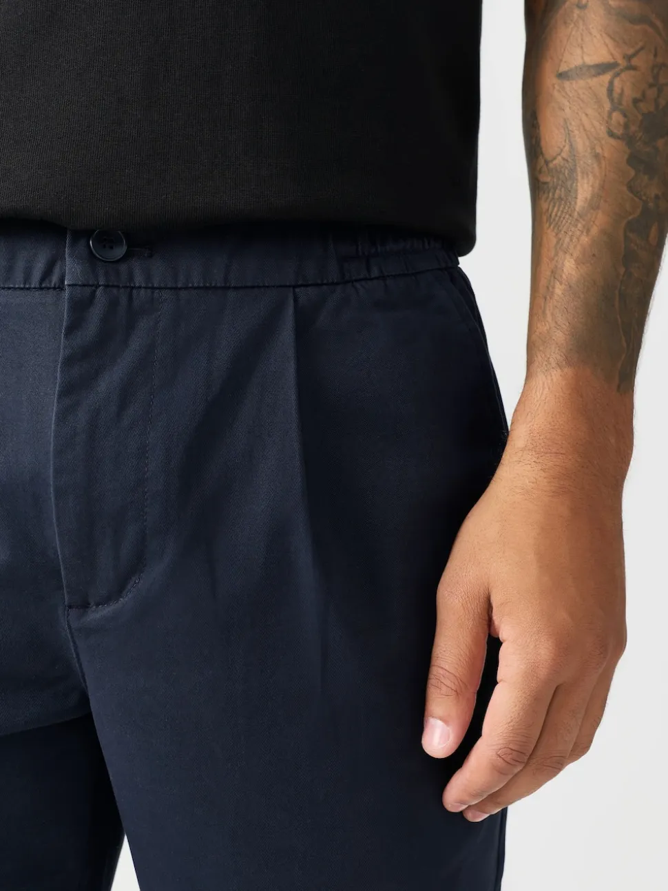 Navy Slim Fit Pleated Stretch Chinos Trousers With Elasticated Waist