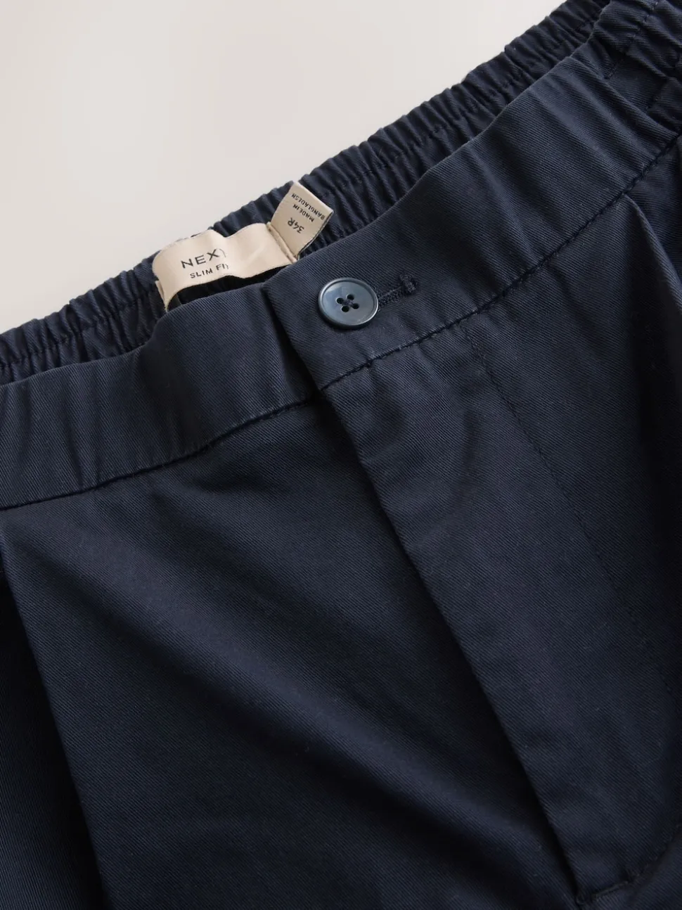 Navy Slim Fit Pleated Stretch Chinos Trousers With Elasticated Waist