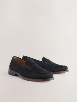 Navy Standard Fit Suede Penny Loafers