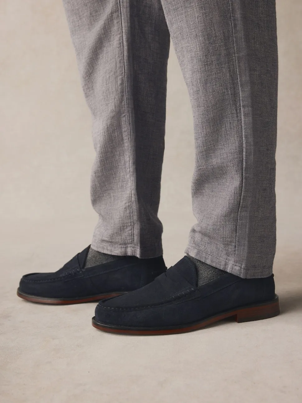 Navy Standard Fit Suede Penny Loafers