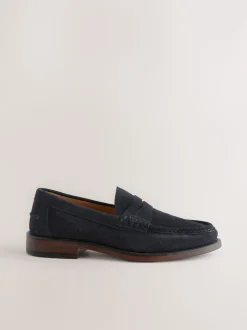Navy Standard Fit Suede Penny Loafers