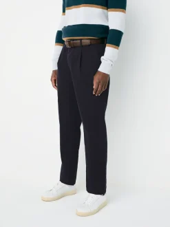 Navy Straight Fit Belted Soft Touch Pleated Chino Trousers