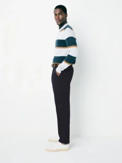 Navy Straight Fit Belted Soft Touch Pleated Chino Trousers