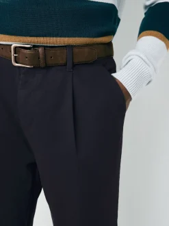 Navy Straight Fit Belted Soft Touch Pleated Chino Trousers
