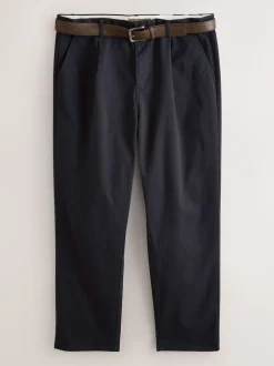 Navy Straight Fit Belted Soft Touch Pleated Chino Trousers
