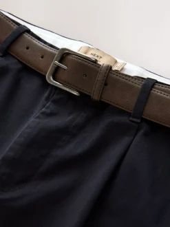Navy Straight Fit Belted Soft Touch Pleated Chino Trousers