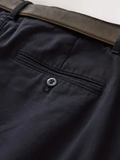 Navy Straight Fit Belted Soft Touch Pleated Chino Trousers