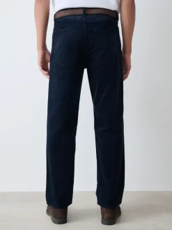 Navy Straight Fit Belted Corduroy Trousers