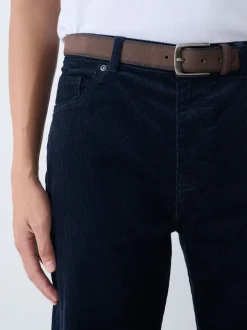 Navy Straight Fit Belted Corduroy Trousers