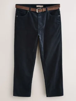 Navy Straight Fit Belted Corduroy Trousers