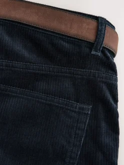Navy Straight Fit Belted Corduroy Trousers