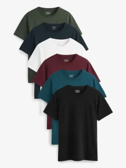 Navy/ Teal/ White/ Black/ Green/ Burgundy Regular Fit Essential Cotton T-Shirts 6 Pack