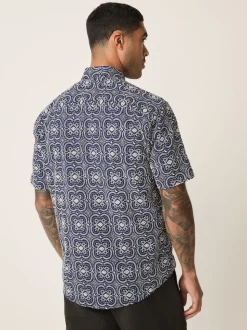 Navy Textured Embroidered Tile Short Sleeve Shirt