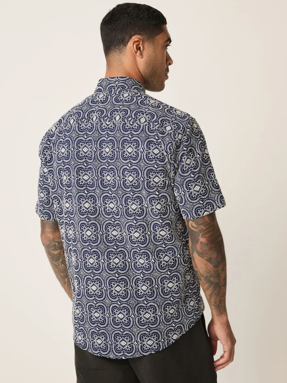 Navy Textured Embroidered Tile Short Sleeve Shirt