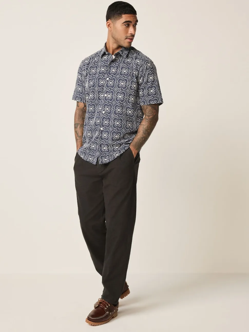 Navy Textured Embroidered Tile Short Sleeve Shirt