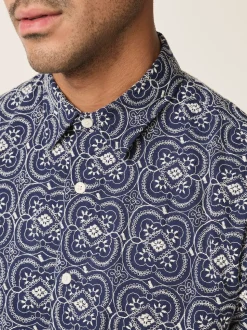 Navy Textured Embroidered Tile Short Sleeve Shirt