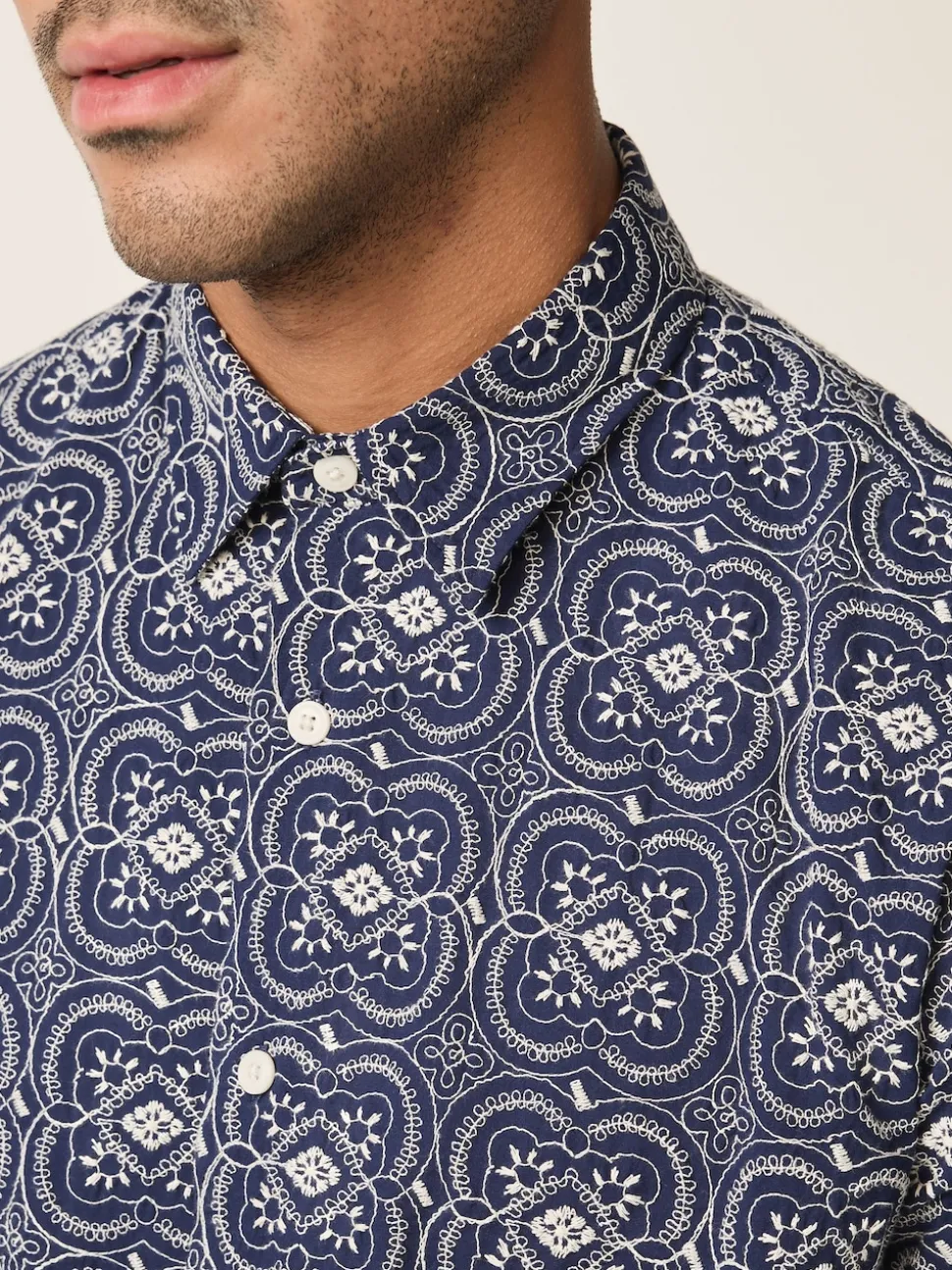 Navy Textured Embroidered Tile Short Sleeve Shirt