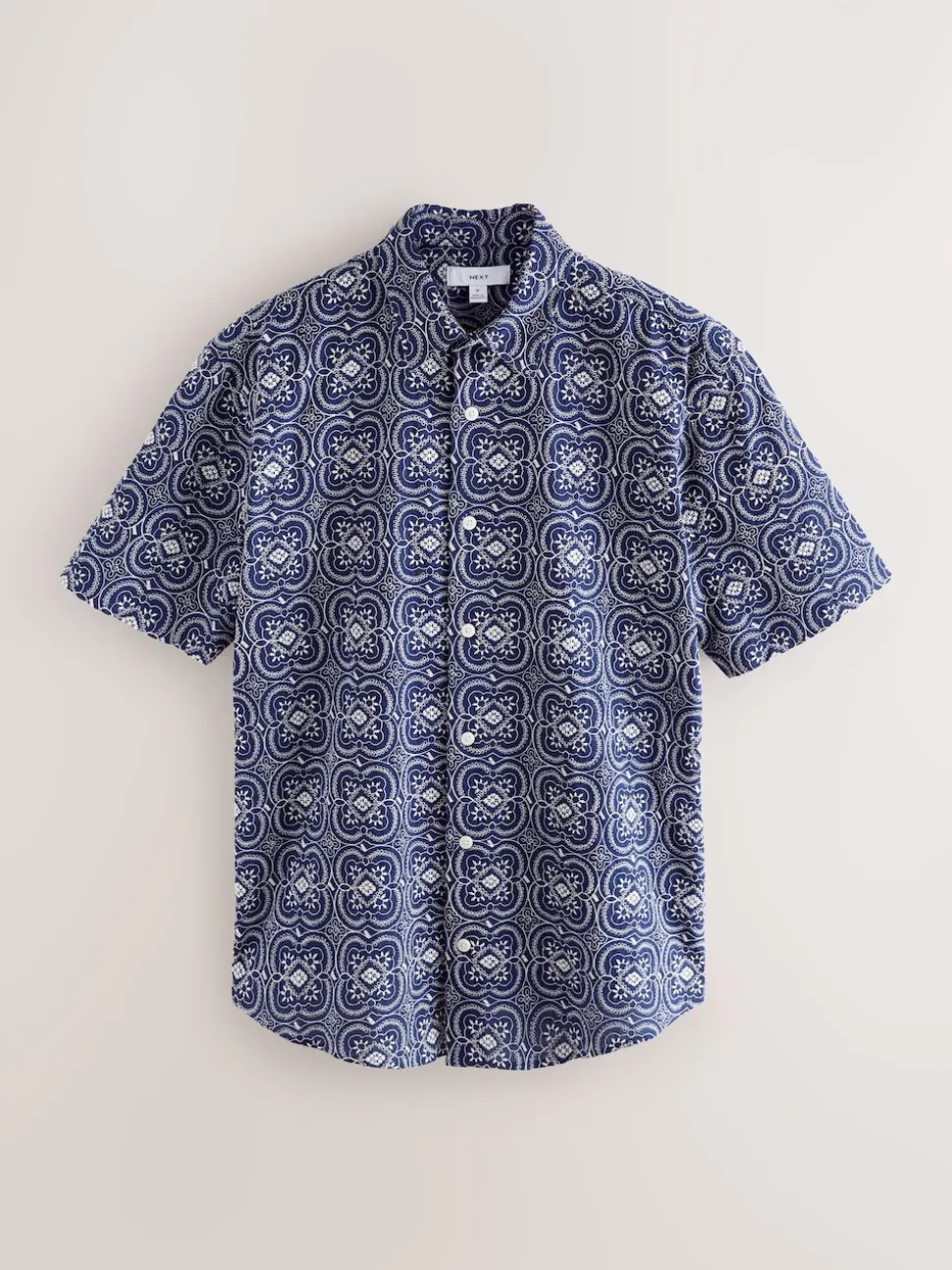 Navy Textured Embroidered Tile Short Sleeve Shirt