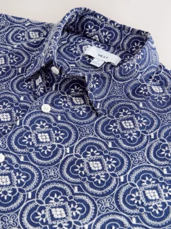 Navy Textured Embroidered Tile Short Sleeve Shirt