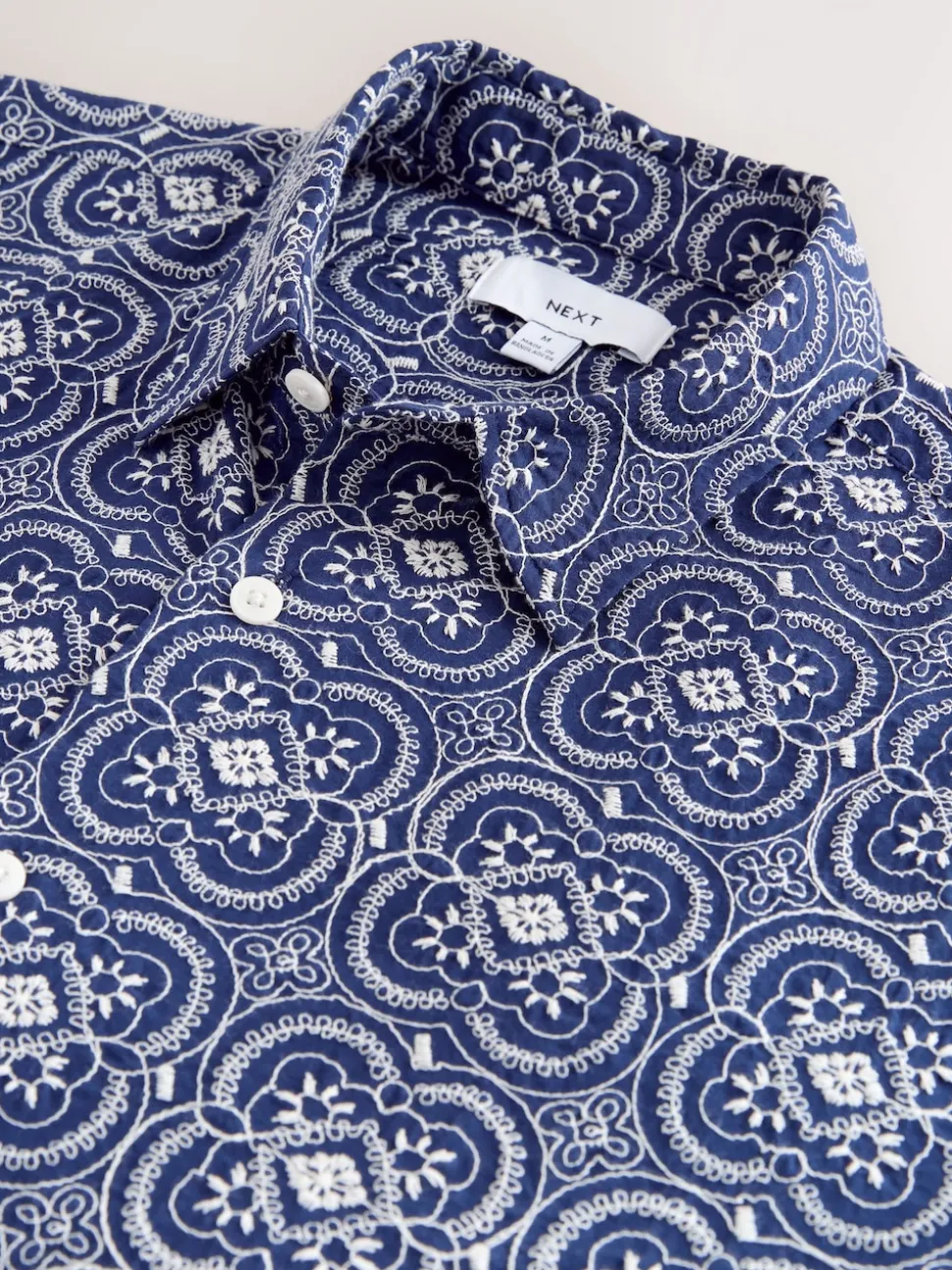 Navy Textured Embroidered Tile Short Sleeve Shirt