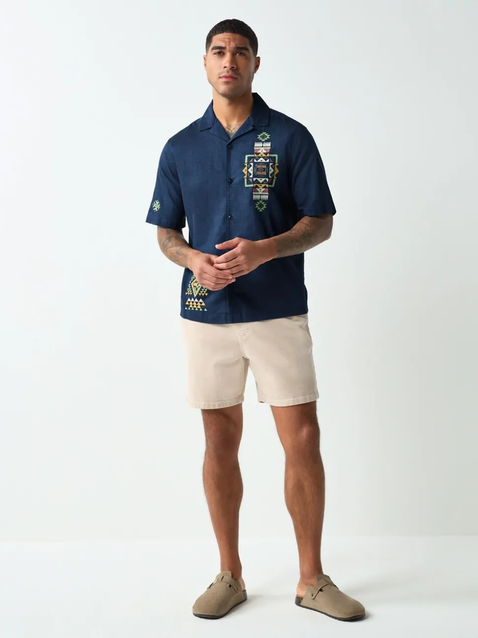 Navy Textured Embroidered Navajo Style Short Sleeve Shirt
