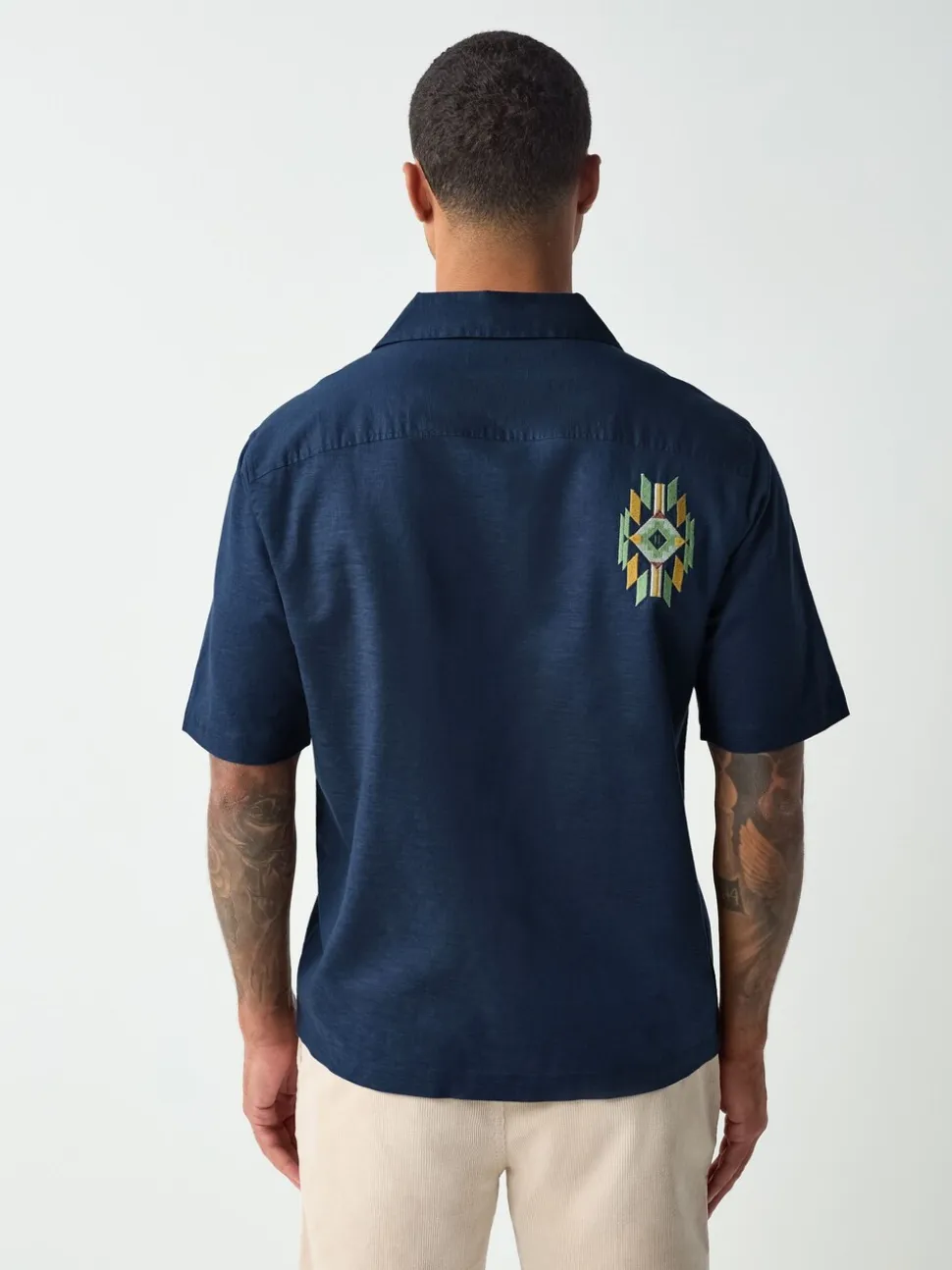 Navy Textured Embroidered Navajo Style Short Sleeve Shirt