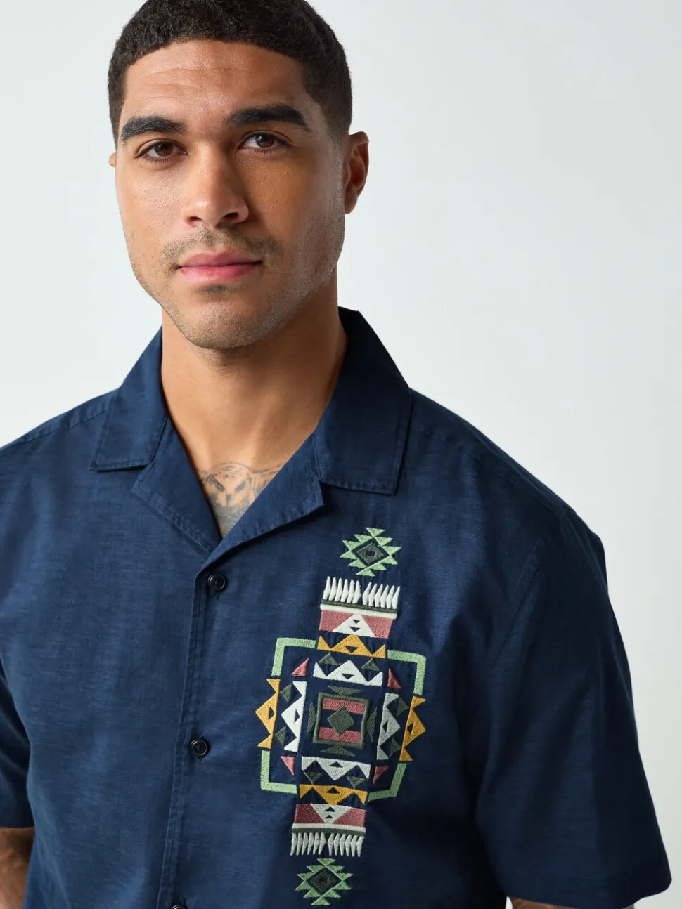 Navy Textured Embroidered Navajo Style Short Sleeve Shirt