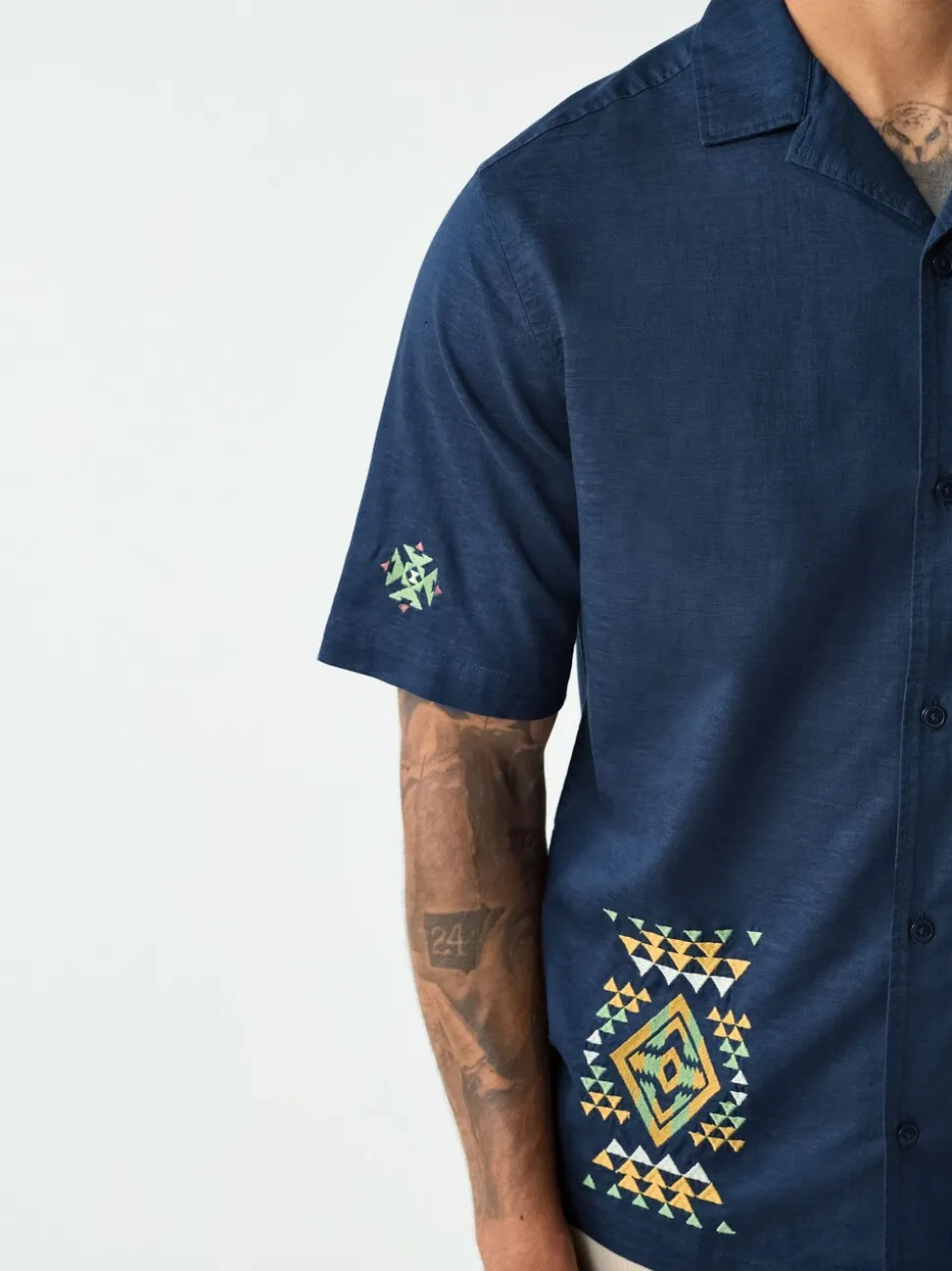 Navy Textured Embroidered Navajo Style Short Sleeve Shirt