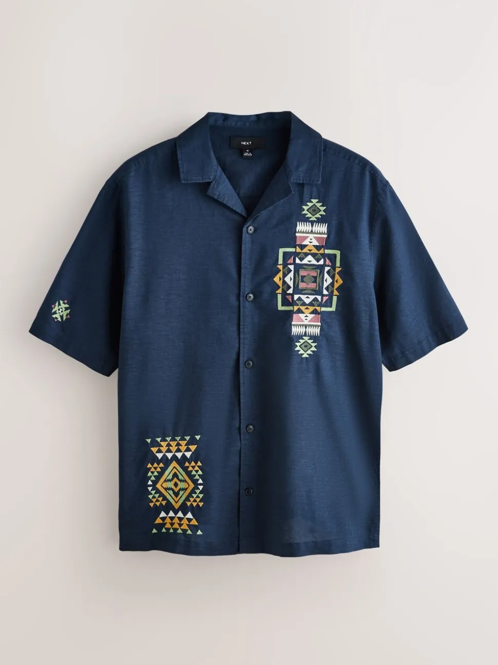Navy Textured Embroidered Navajo Style Short Sleeve Shirt