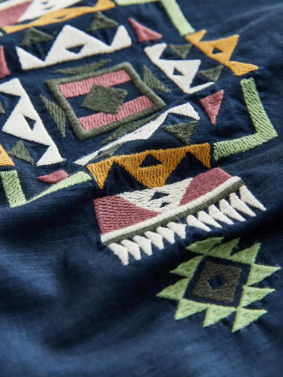 Navy Textured Embroidered Navajo Style Short Sleeve Shirt