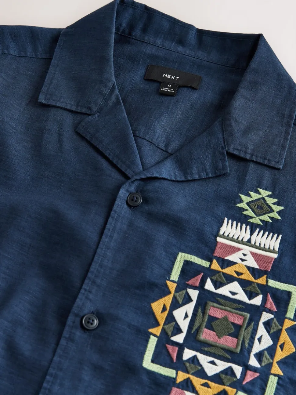 Navy Textured Embroidered Navajo Style Short Sleeve Shirt