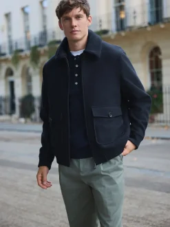 Navy Twill Wool Blend Borg Collar Jacket