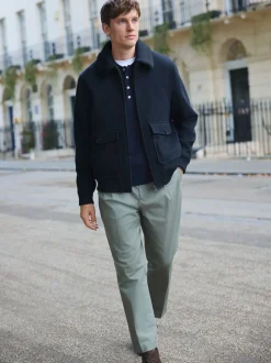 Navy Twill Wool Blend Borg Collar Jacket