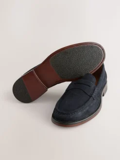Navy Wide Fit Suede Penny Loafers
