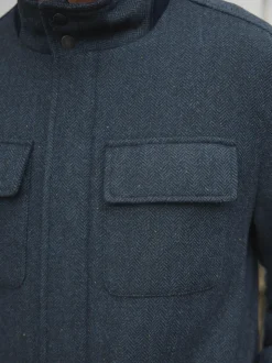 Navy Wool Blend Herringbone Four Pocket Funnel Neck Coat