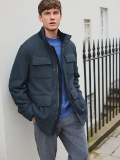 Navy Wool Blend Herringbone Four Pocket Funnel Neck Coat