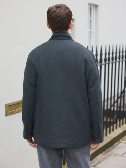 Navy Wool Blend Herringbone Four Pocket Funnel Neck Coat