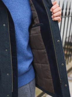 Navy Wool Blend Herringbone Four Pocket Funnel Neck Coat