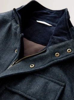 Navy Wool Blend Herringbone Four Pocket Funnel Neck Coat