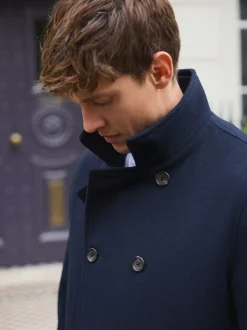 Navy Wool Rich Double Breasted Funnel Coat