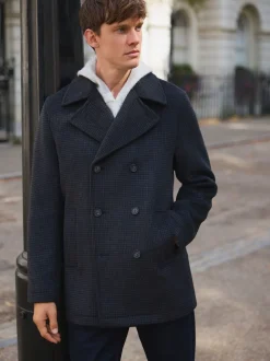 Navy/Charcoal Wool Rich Soft Touch Dogtooth Pea Coat